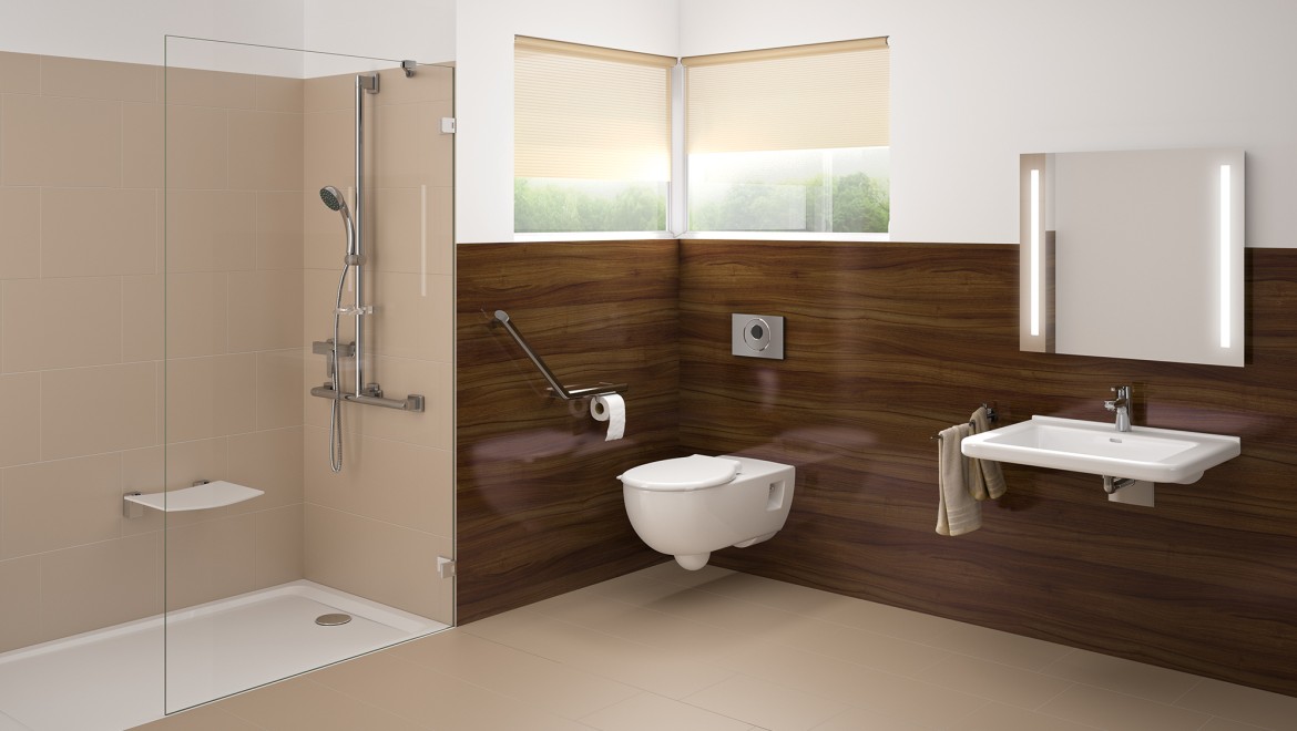 Ванна кімната для осіб з обмеженими можливостями з умивальником, туалетом і душем врівень з підлогою