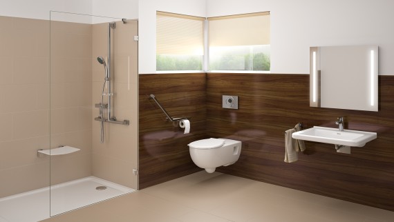Безбар'єрна ванна кімната з умивальником, туалетом і душовою кабіною з рівною підлогою