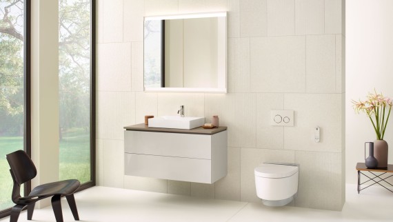 Біла ванна кімната з дзеркальною шафою, шафкою під умивальник, змивною клавішею та керамікою від Geberit